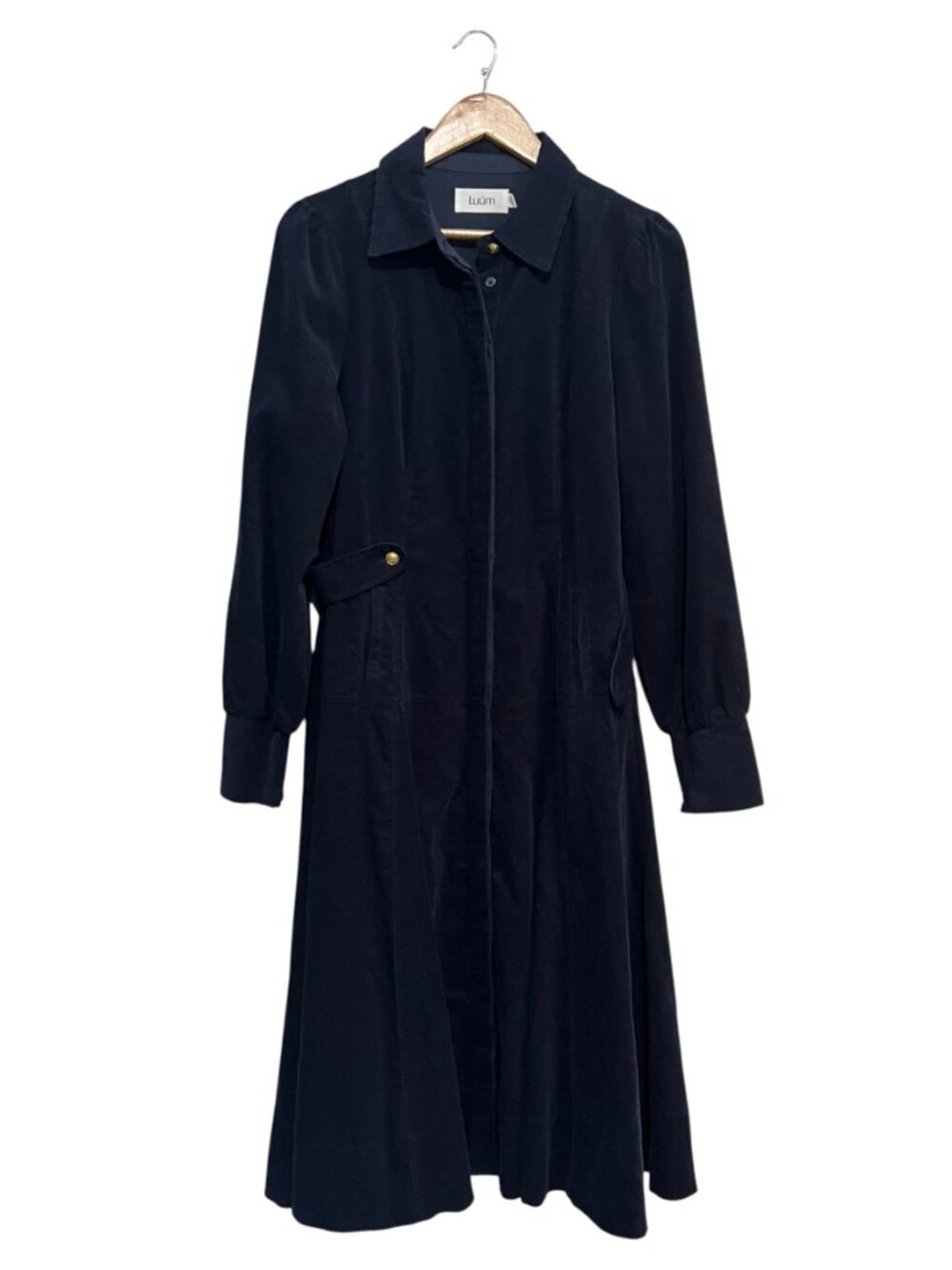 Luum Corduroy Dress M Navy Blue Button Front Modest Midi Maxi 100% Cotton